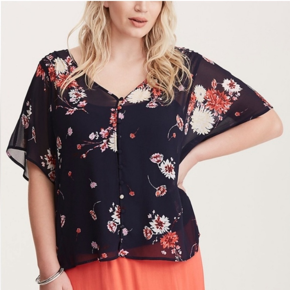Torrid Navy Floral Chiffon Top